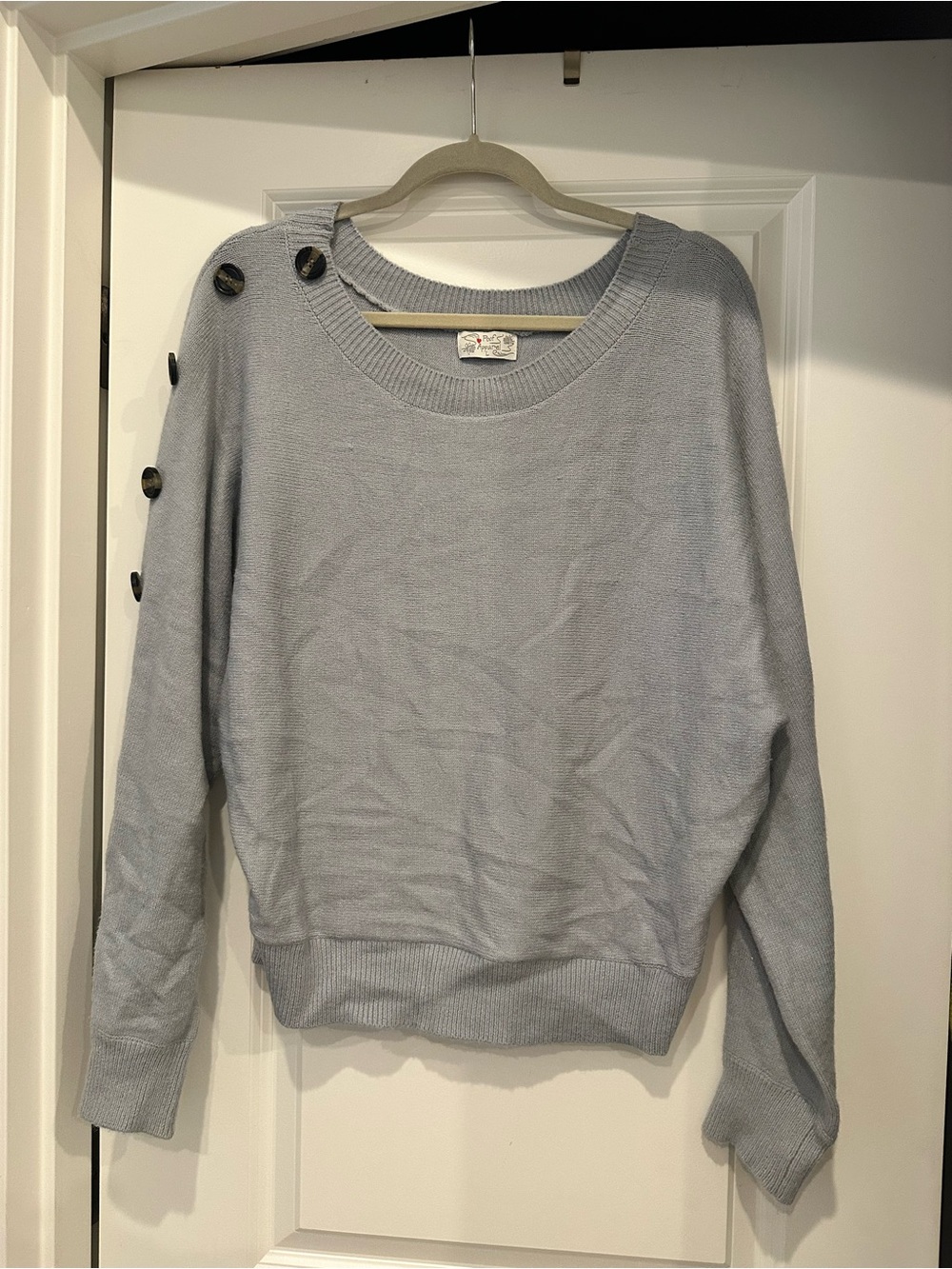 Poof! Light Blue Crewneck Sweater with Shoulder Buttons